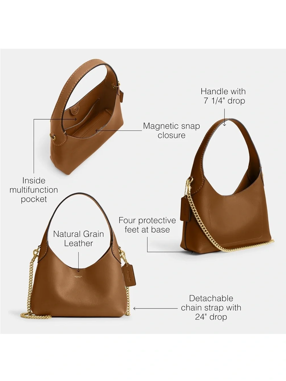 New Coach Honey Brown Leather Brooklyn 23 Shoulder Bag with Gold Chain